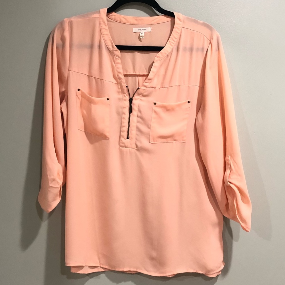 Maurices Peach V Neck Zipper Sheer Pockets Shirt L